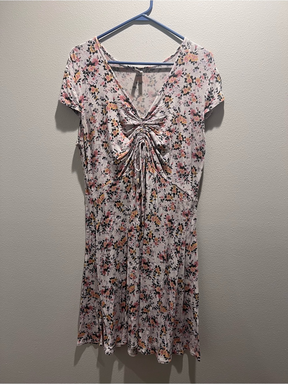 Mudd Pink Floral Midi Dress with Ruched V-Neck
